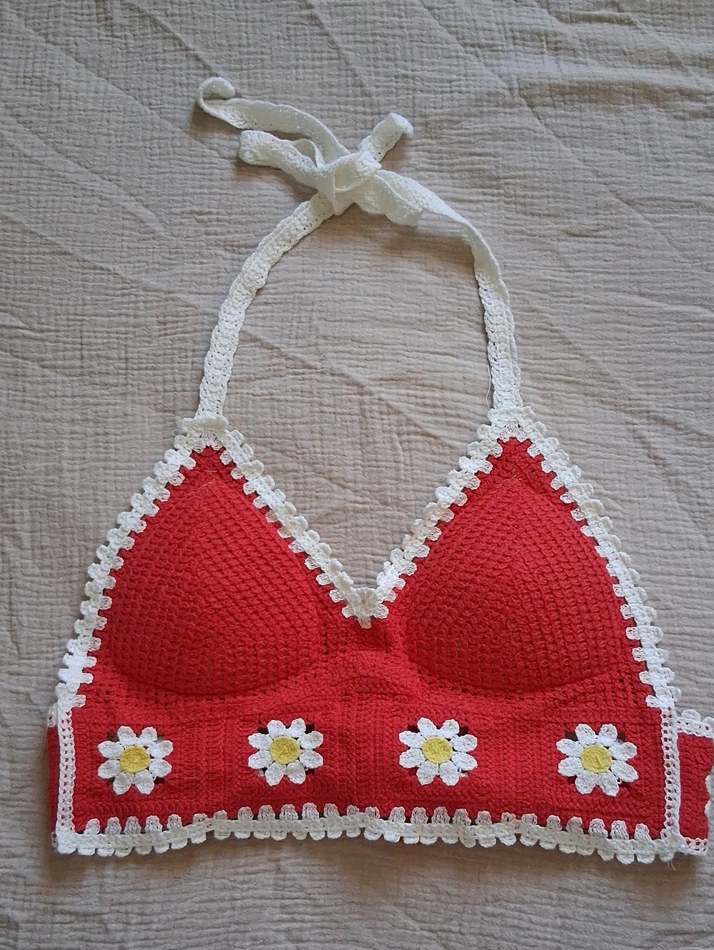 Red Crochet Daisy Halter Crop Top Bralette - Women OS